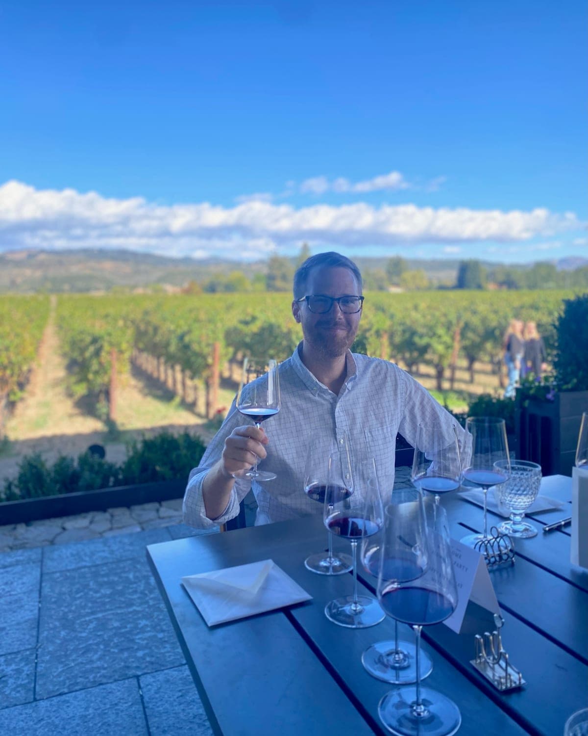 A flight of red wines poured at a vineyard-view table, a glass raised to the light
