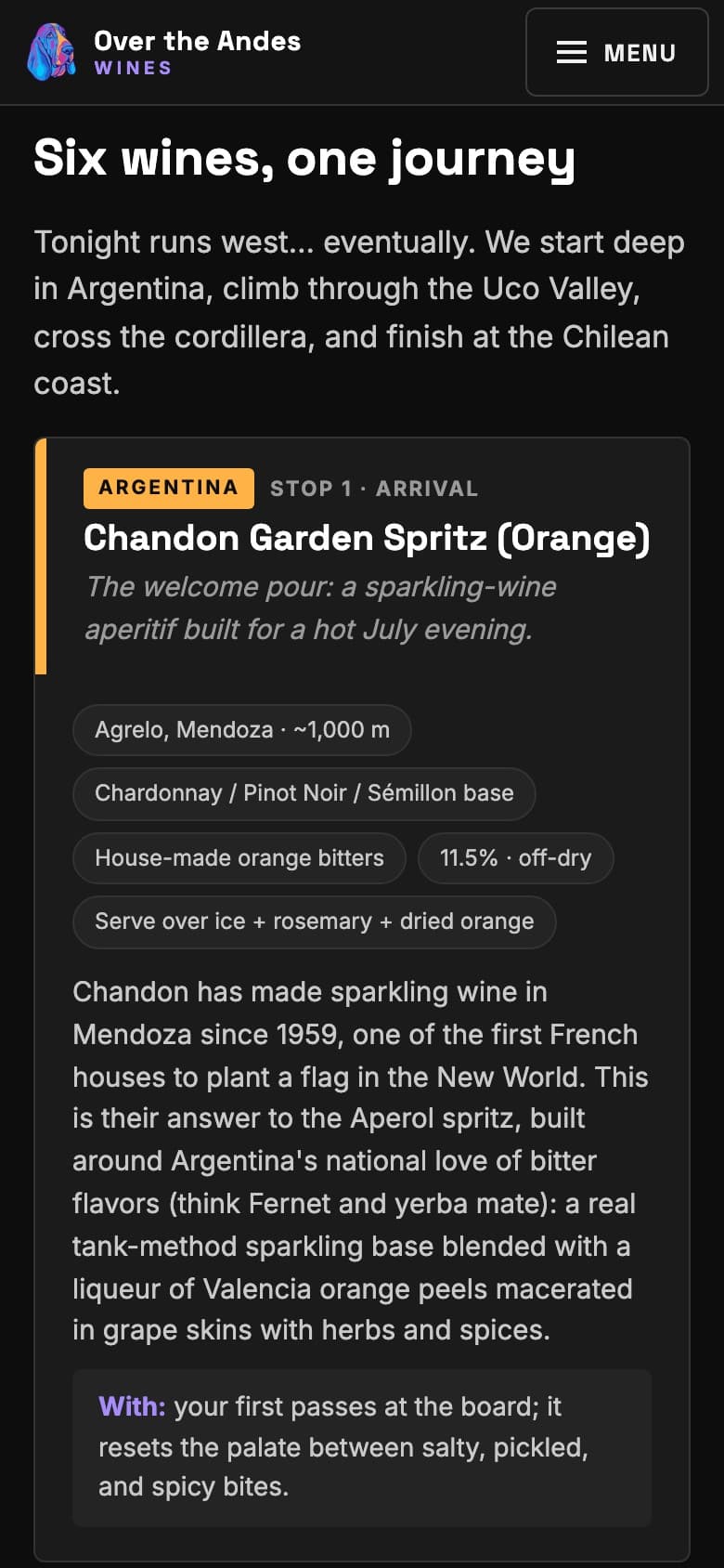 Event site wine page: Six wines, one journey heading above a wine card for the welcome pour with region and serving chips