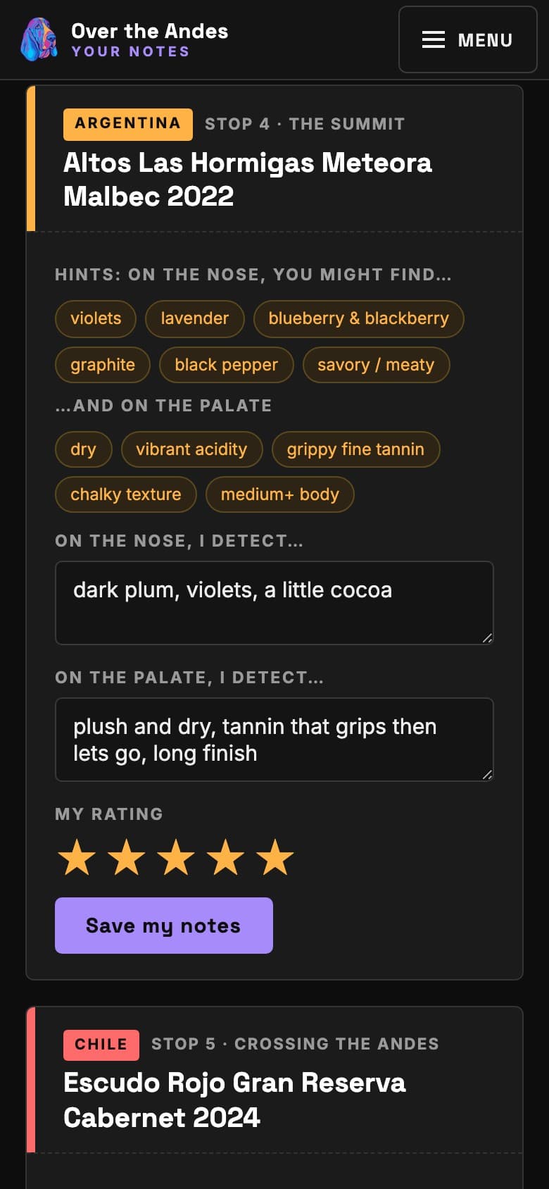 Event site tasting form for a Malbec with flavor hint chips, nose and palate note fields, and a five star rating