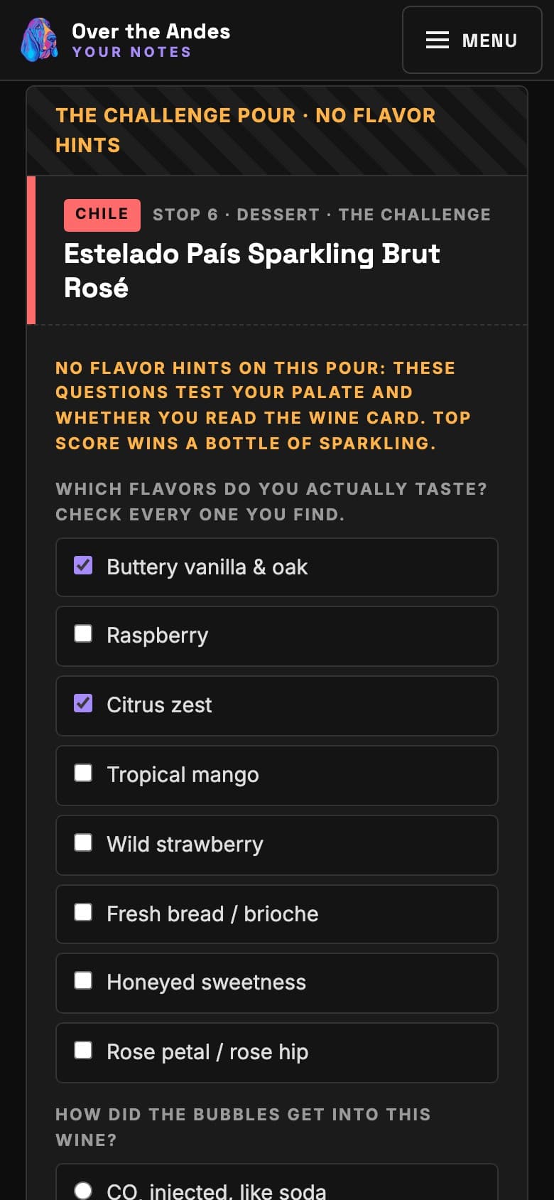 Event site challenge pour quiz with no flavor hints: a checkbox list of flavors to identify in the mystery sparkling wine