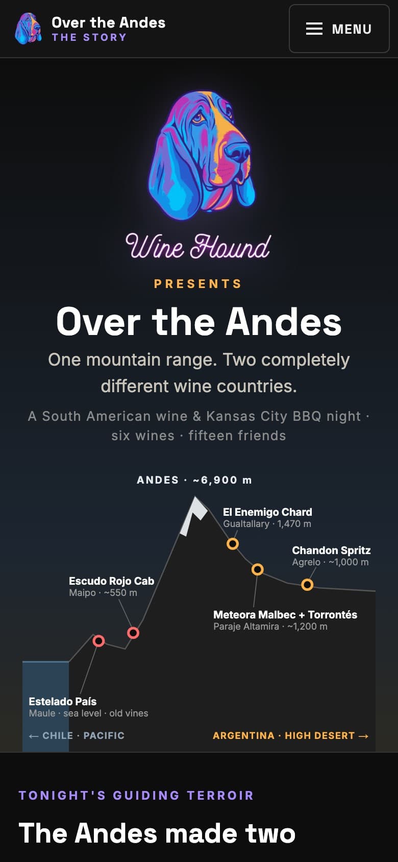 Event site story page: neon Wine Hound logo above the title Over the Andes and an elevation chart plotting six wines across the Andes