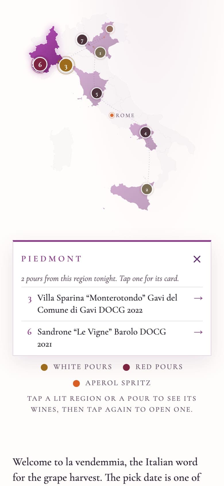 Event site map of Italy with Piedmont selected in deep plum, its markers 3 and 6 ringed, a Piedmont card below listing the Gavi and the Barolo, a legend for white pours, red pours, and the Aperol Spritz, and a tap hint