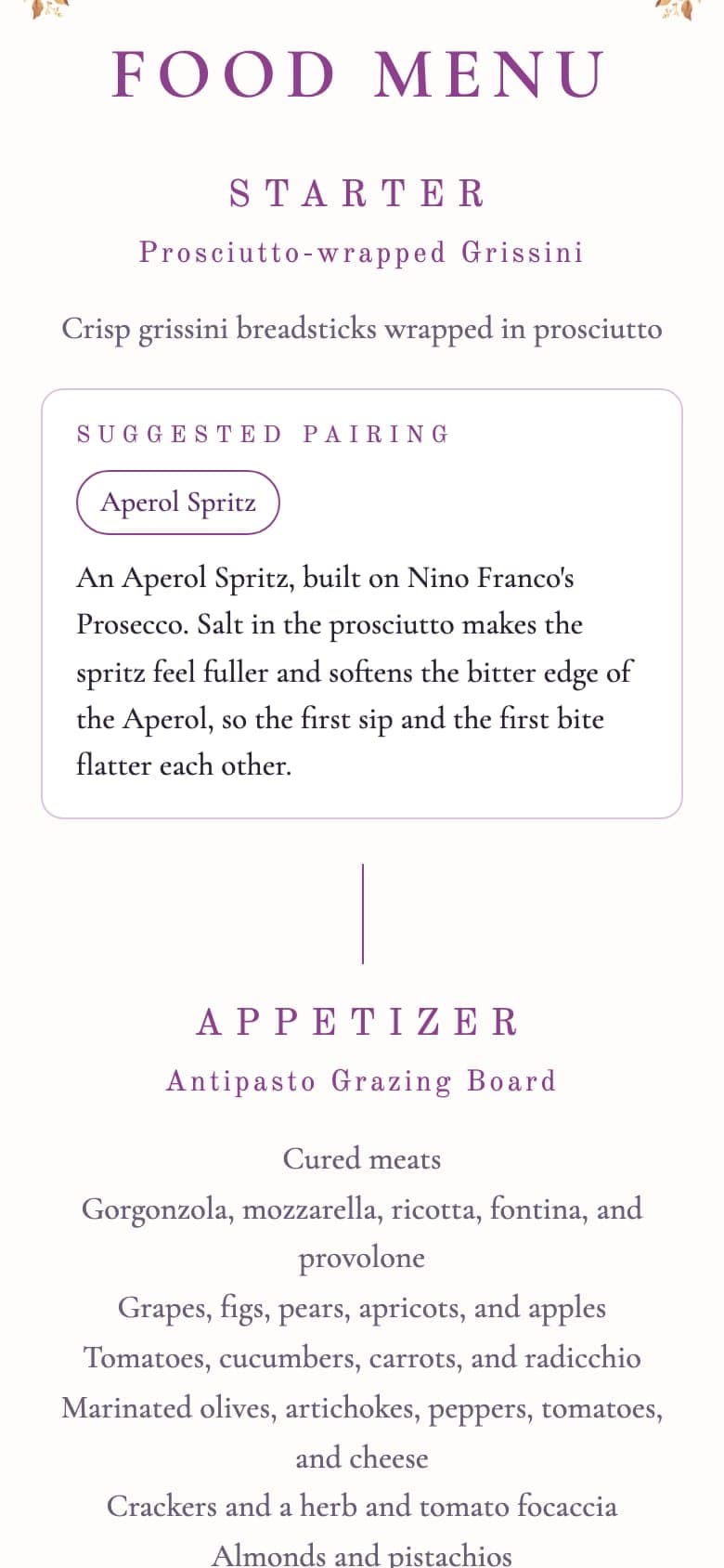 Event site food menu: the Starter, prosciutto-wrapped grissini, a Suggested Pairing box with an Aperol Spritz chip and a note on why the pairing works, then the Appetizer, an antipasto grazing board and its dishes