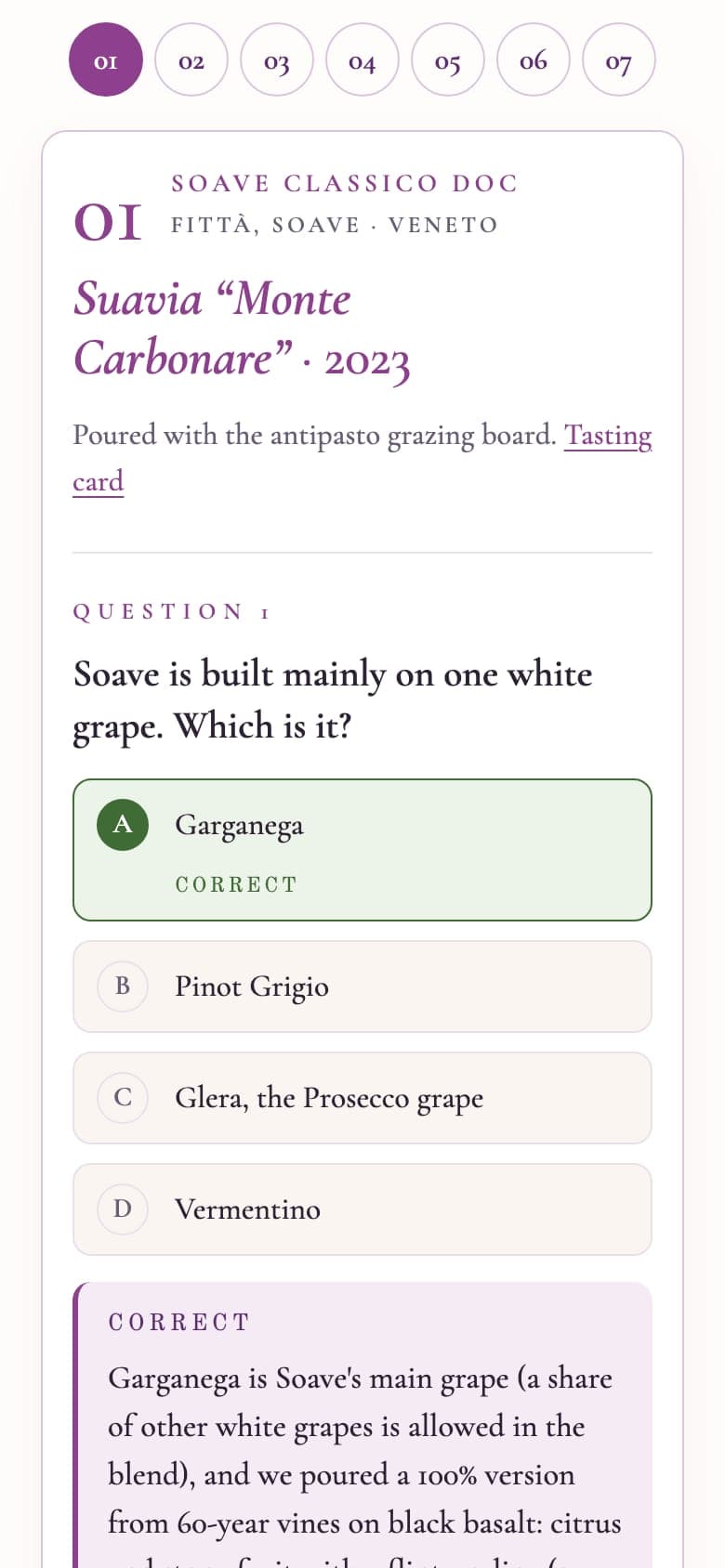 Event site wine quiz: a stepper numbered 01 to 07, card 01 Soave Classico DOC, Question 1 asking which white grape Soave is built on, option A Garganega marked Correct in green, and a Correct explanation box below