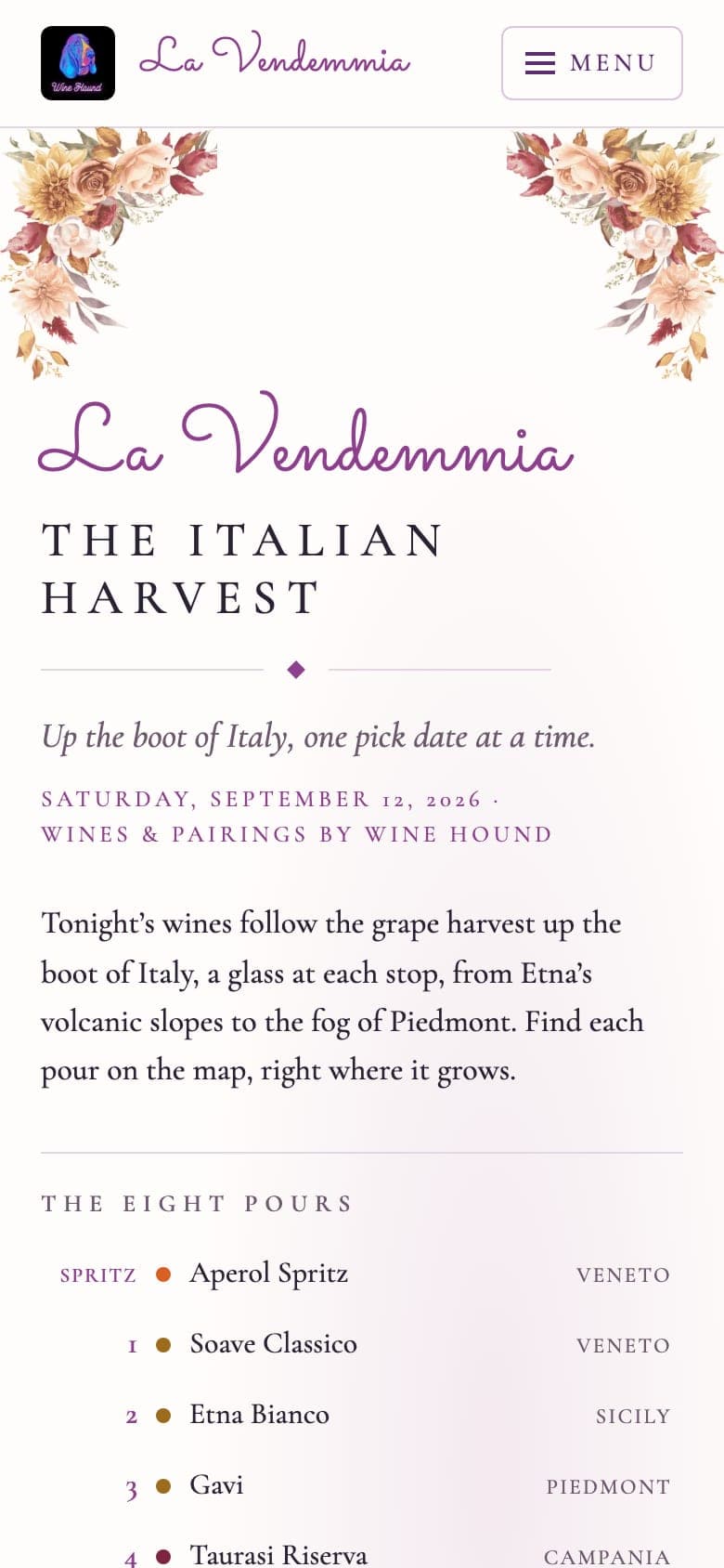 Event site story page: logo tile and script wordmark in the nav, watercolor florals in both top corners, La Vendemmia in script above The Italian Harvest, a tagline, a dateline, and the start of The Eight Pours list