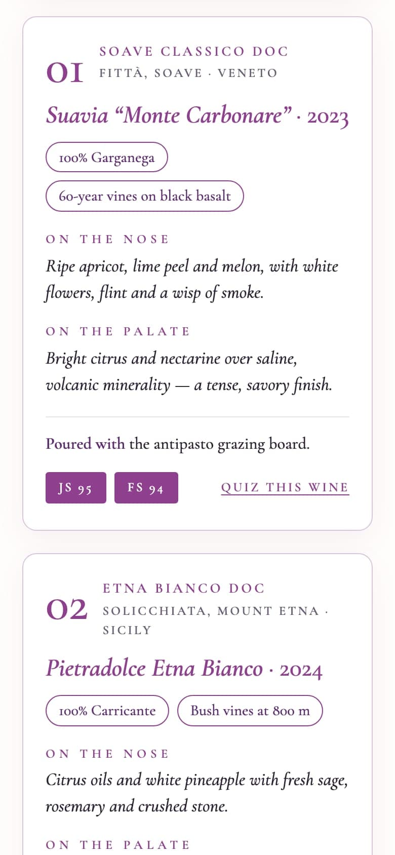 Event site wine menu: card 01, Soave Classico DOC, Suavia Monte Carbonare 2023, two chips, On the nose and On the palate notes, a Poured with line, score chips, and a Quiz this wine link, then card 02 Etna Bianco